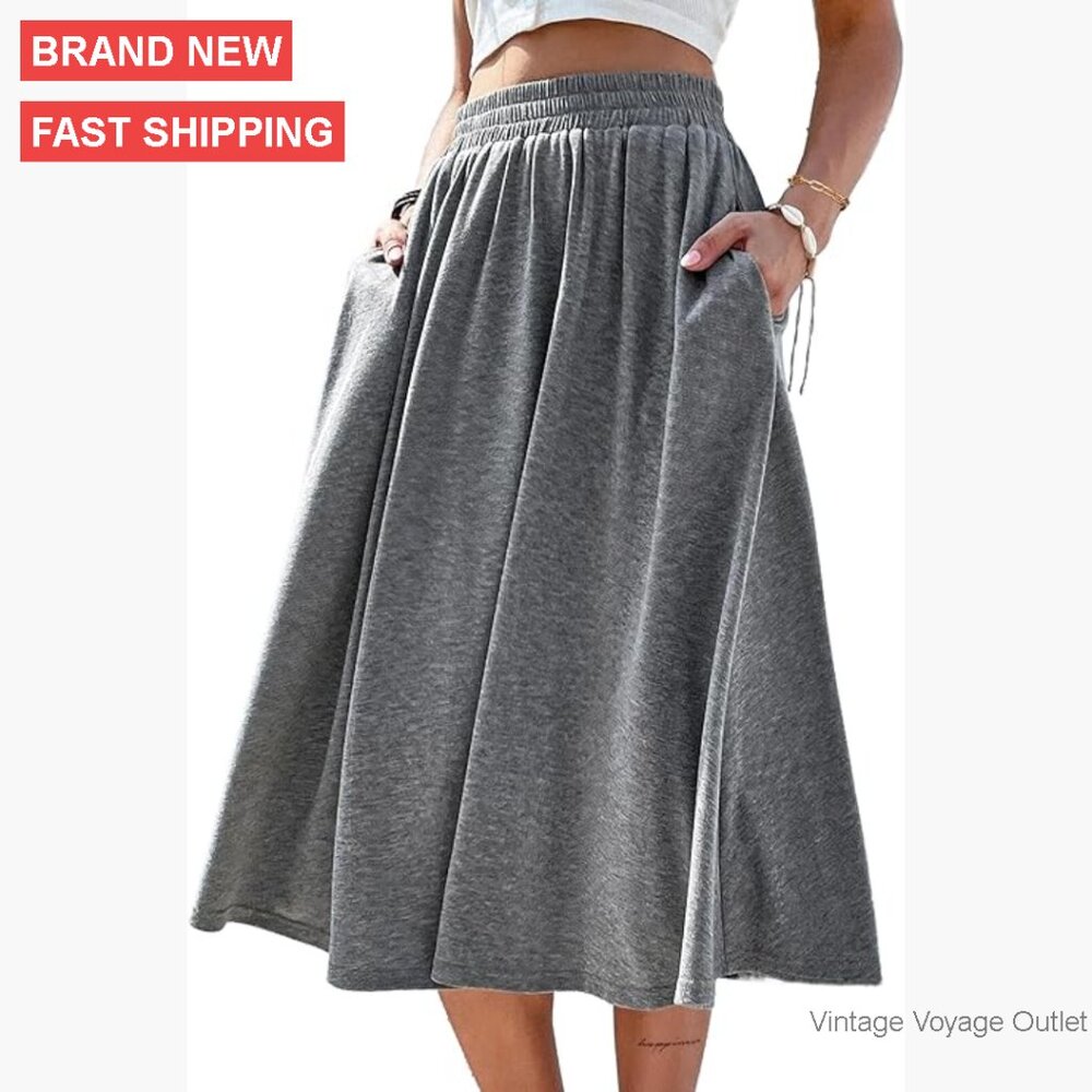 Midi A-Line Skirt with Pockets, Elastic Waist, Flowy Swing Style